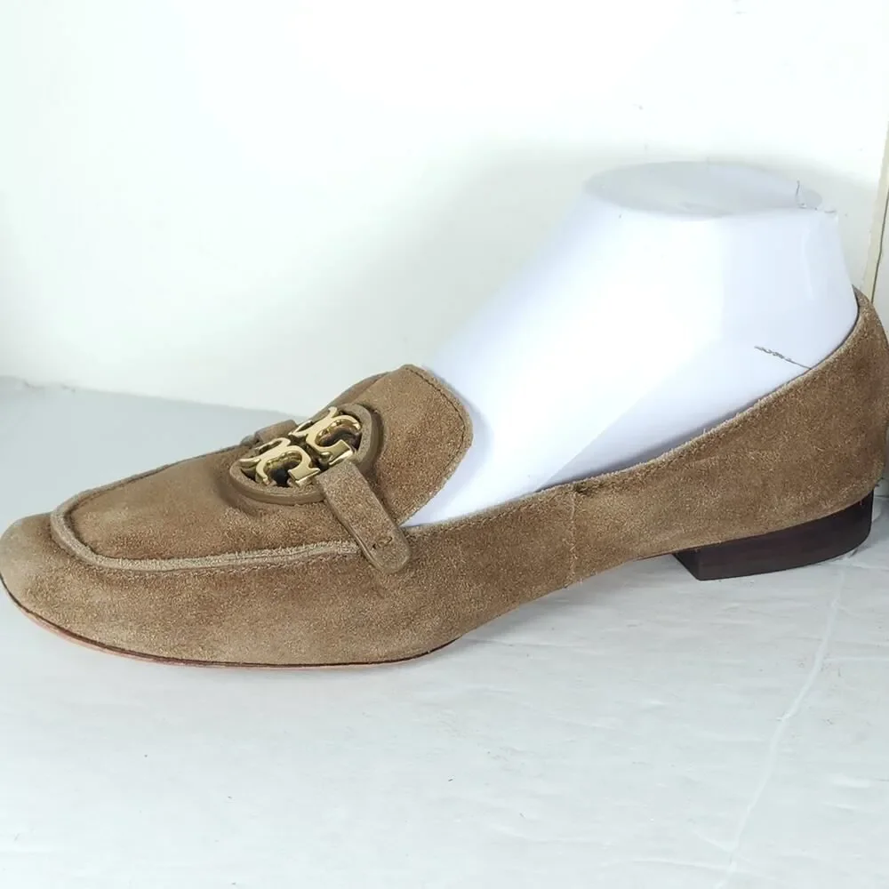 TORY BURCH Women's Metal Miller US8M Taupe Suede Medallion Logo Loafer Flats